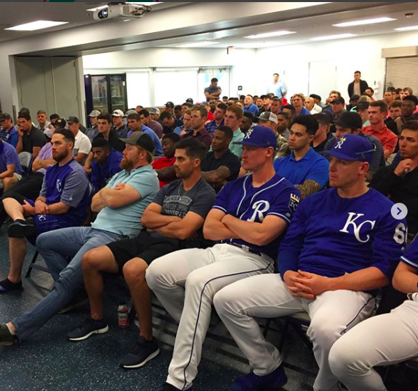 Kansas City Royals listening to presentation by Fight The New Drug
